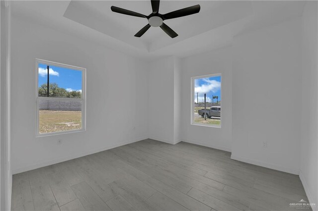 unfurnished room featuring a tray ceiling, light hardwood / wood-style flooring, a wealth of natural light, and ceiling fan