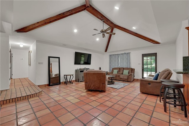 living room with beam ceiling, high vaulted ceiling, light tile patterned floors, and ceiling fan