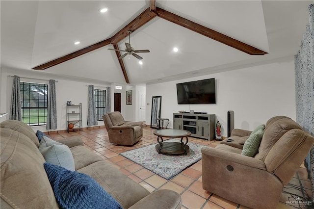 living room featuring beamed ceiling, ceiling fan, high vaulted ceiling, and tile patterned flooring