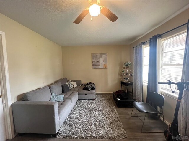 1809 W Kuhn St, Edinburg, TX 78541 - living area featuring a textured ceiling, a ceiling fan, baseboards, and wood finished floors