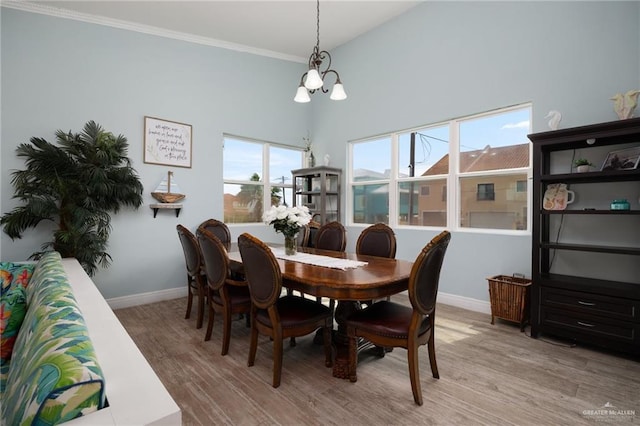 dining room with light hardwood / wood-style floors, a healthy amount of sunlight, and a chandelier