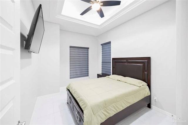 bedroom featuring ceiling fan and light tile patterned flooring