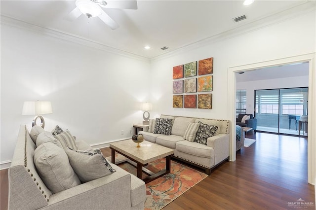 living room with ceiling fan, dark hardwood / wood-style floors, and ornamental molding