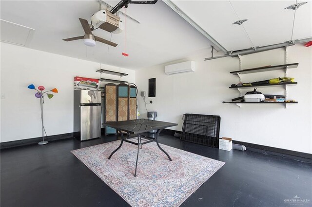 garage featuring electric panel, a garage door opener, ceiling fan, stainless steel fridge, and a wall mounted AC