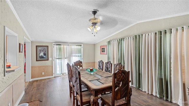 dining space with a textured ceiling, ceiling fan, lofted ceiling, and dark wood-type flooring