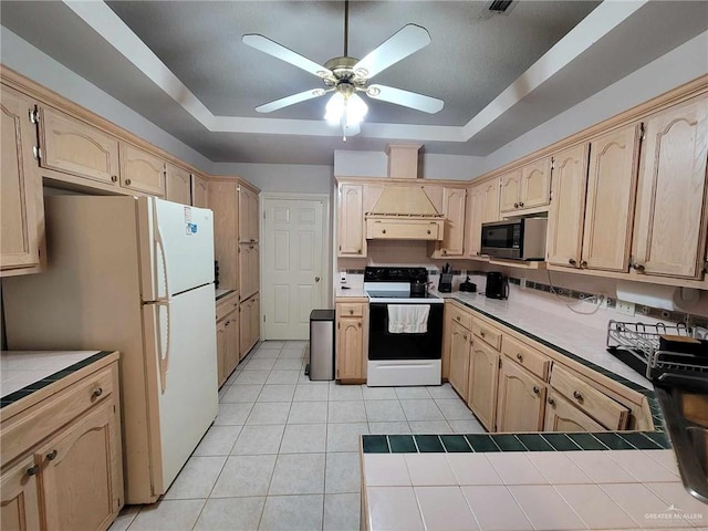 kitchen featuring electric range, stainless steel microwave, a raised ceiling, and ceiling fan