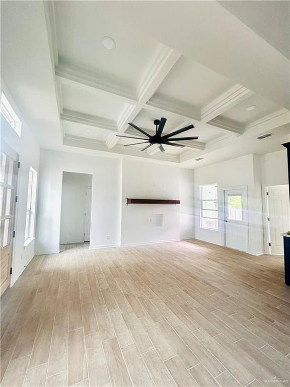 unfurnished living room with a ceiling fan, beam ceiling, and light wood-style flooring