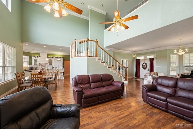 living room with wood-type flooring, a towering ceiling, ceiling fan with notable chandelier, and crown molding