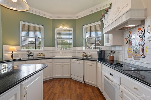 kitchen featuring sink, white appliances, custom exhaust hood, and white cabinets