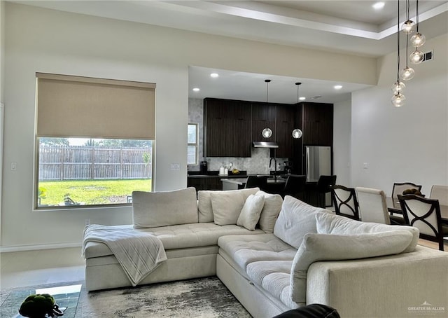 living room featuring light tile patterned flooring