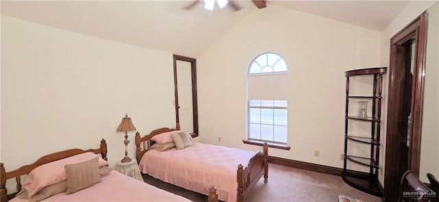 bedroom with lofted ceiling, baseboards, ceiling fan, and carpet