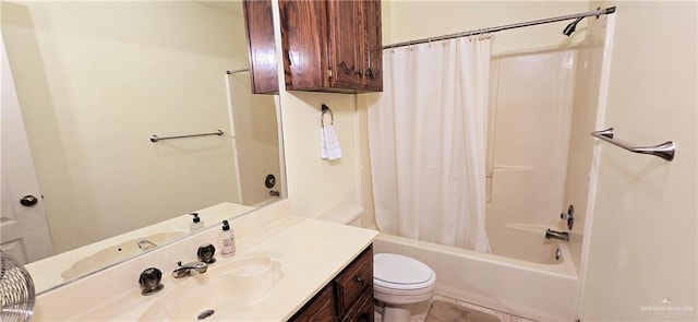 full bath featuring vanity, tile patterned flooring, shower / bath combination with curtain, and toilet