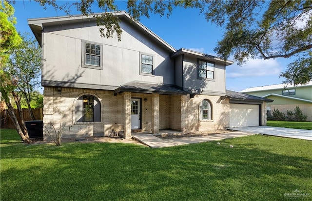 view of front of house featuring a garage, a front lawn, and cooling unit