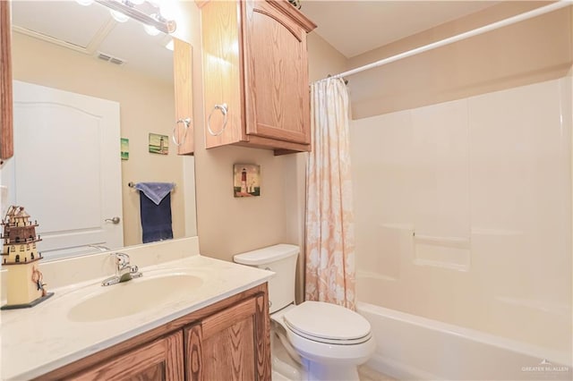 full bathroom with vanity, shower / bathtub combination with curtain, and toilet