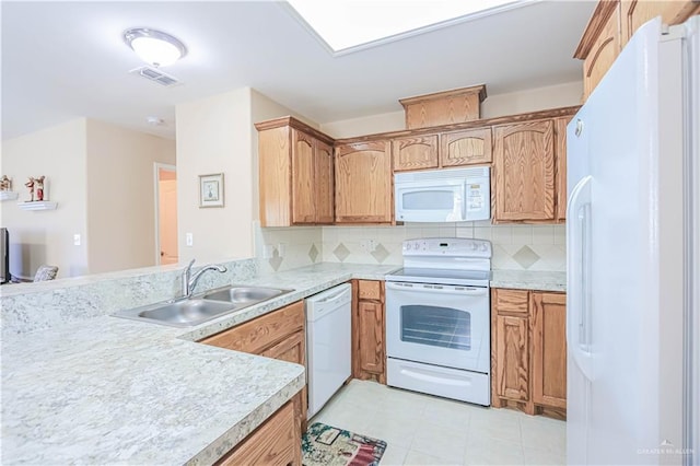 kitchen with sink, kitchen peninsula, white appliances, and decorative backsplash