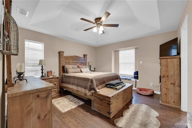 5213 Mile 8 1/2 Rd, Edinburg, TX 78541 - bedroom with a tray ceiling, multiple windows, dark wood-style flooring, and a ceiling fan