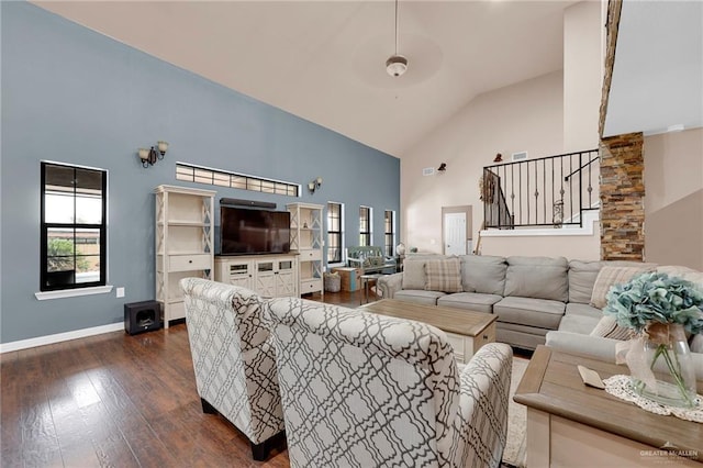 5213 Mile 8 1/2 Rd, Edinburg, TX 78541 - living area with high vaulted ceiling, dark wood-style flooring, and stairway