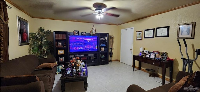 living area with a ceiling fan and crown molding