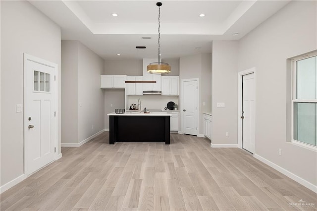 3513 E Adams Ave, Alton, TX 78573 - kitchen with a tray ceiling, light wood finished floors, light countertops, under cabinet range hood, and recessed lighting