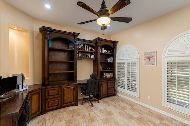 office area with ceiling fan