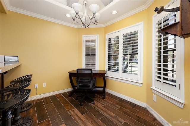 2729 Ashley Ct, Pharr, TX 78577 - home office with dark wood-style flooring, ornamental molding, baseboards, and an inviting chandelier