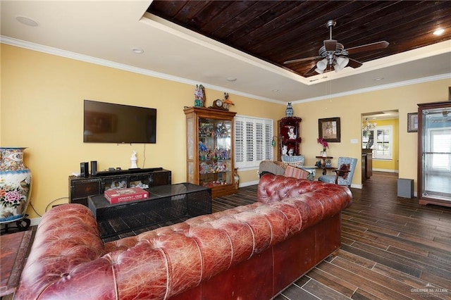 2729 Ashley Ct, Pharr, TX 78577 - living room with baseboards, a ceiling fan, a raised ceiling, wooden ceiling, and wood finished floors