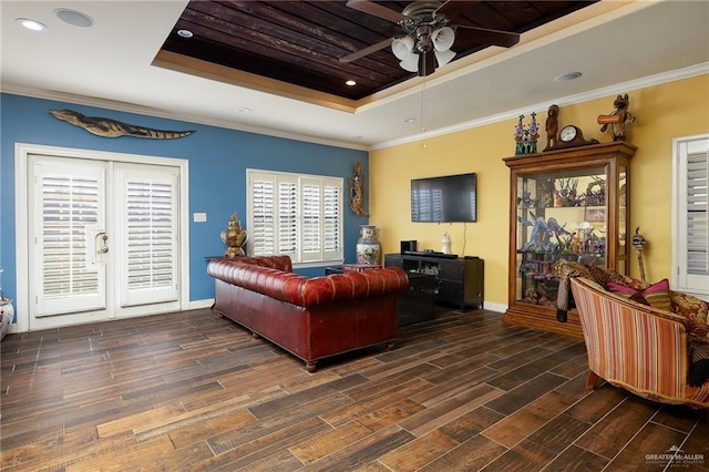 2729 Ashley Ct, Pharr, TX 78577 - living area with wood finished floors, a ceiling fan, crown molding, and a raised ceiling