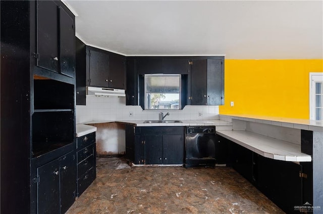 kitchen featuring under cabinet range hood, tasteful backsplash, dark cabinets, and a sink