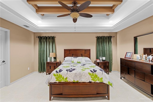 tiled bedroom with beamed ceiling, ceiling fan, and a raised ceiling