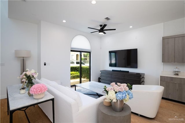 living room featuring ceiling fan and light hardwood / wood-style flooring