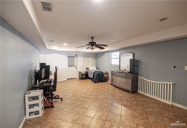 3300 N 20th St, Mcallen, TX 78501 - office area with ceiling fan, a tray ceiling, baseboards, tile patterned flooring, and recessed lighting