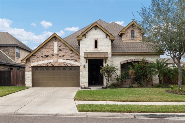 french country home with a garage, roof with shingles, concrete driveway, and a front yard