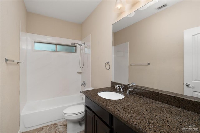 bathroom featuring visible vents, shower / bathtub combination, toilet, and vanity