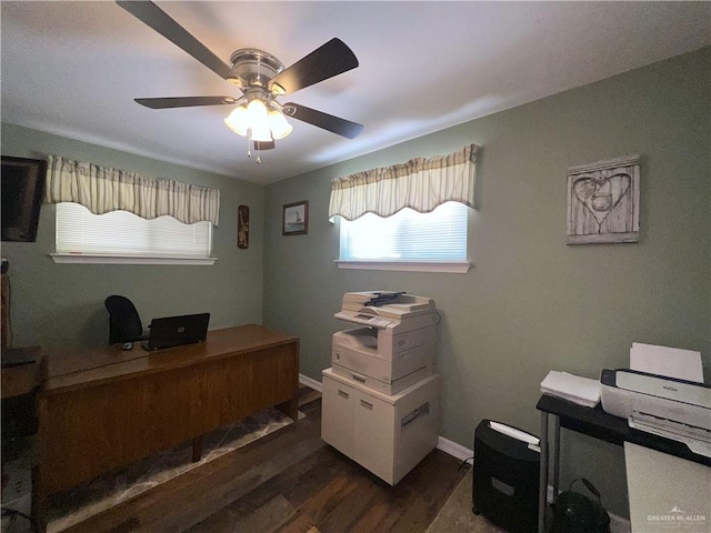 office space featuring ceiling fan and dark wood-type flooring