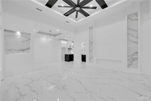 2208 Trinity St, Donna, TX 78537 - unfurnished living room featuring coffered ceiling, light marble finish flooring, recessed lighting, baseboards, and a ceiling fan