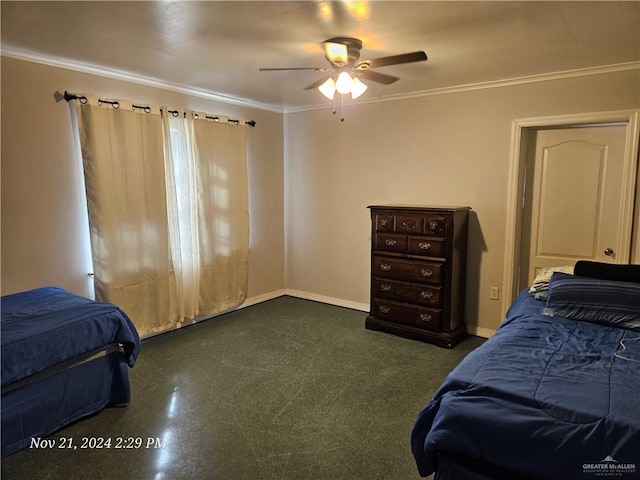 bedroom featuring ceiling fan and crown molding