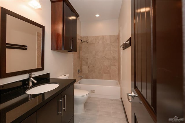 full bath with toilet, shower / tub combination, and vanity