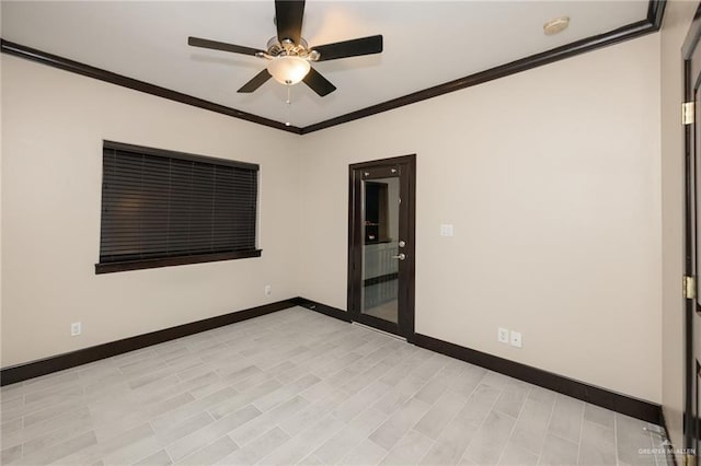 unfurnished room with baseboards, ceiling fan, and crown molding