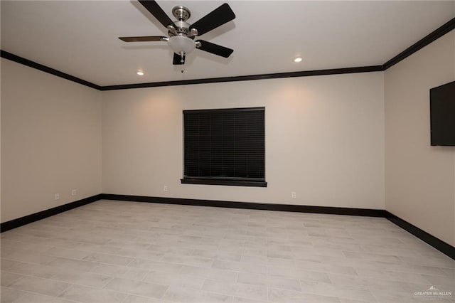 empty room with recessed lighting, baseboards, and ornamental molding