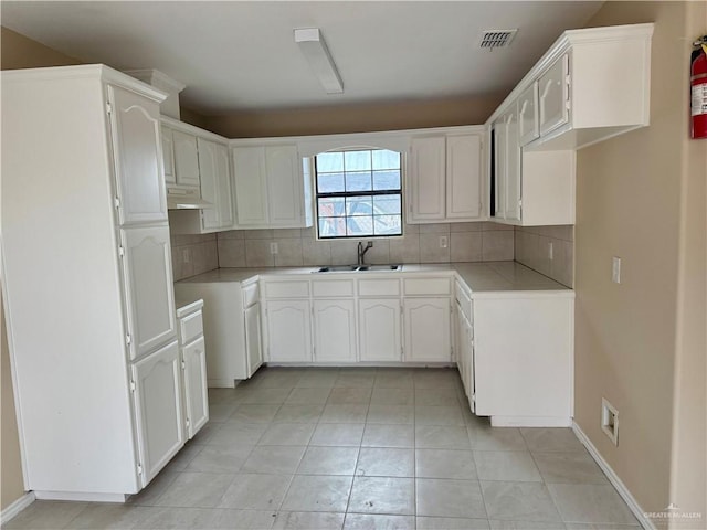 kitchen with sink, white cabinetry, and backsplash