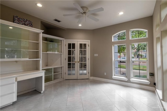 unfurnished office with french doors, light tile patterned floors, a ceiling fan, and recessed lighting