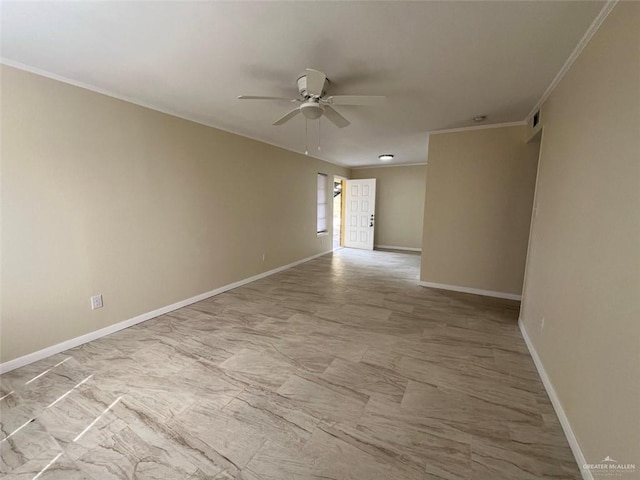 unfurnished room featuring baseboards, visible vents, a ceiling fan, and crown molding