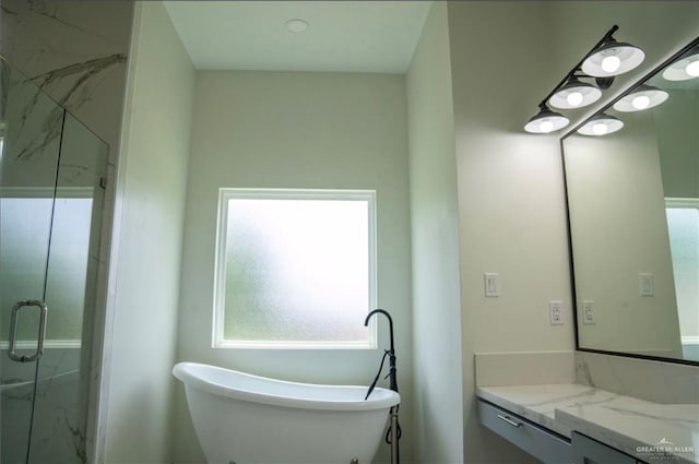 bathroom featuring vanity and separate shower and tub