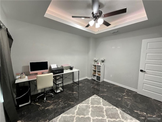 1213 Emma Elizabeth St, Weslaco, TX 78599 - office space with a tray ceiling, marble tiled flooring, and a ceiling fan
