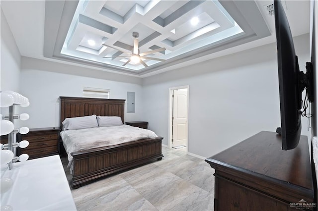 bedroom featuring beam ceiling, a ceiling fan, coffered ceiling, electric panel, and baseboards