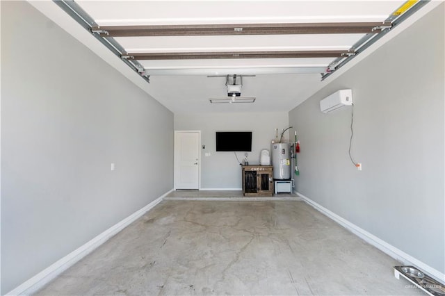 garage featuring a wall mounted air conditioner, baseboards, a garage door opener, and electric water heater