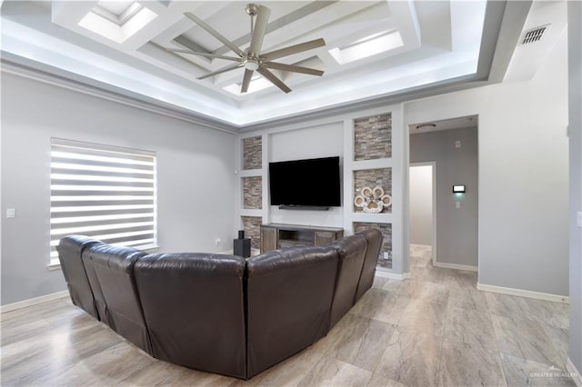 living room featuring baseboards, coffered ceiling, visible vents, and a ceiling fan