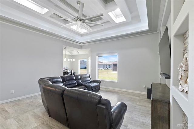 living room featuring a skylight, beam ceiling, ceiling fan, coffered ceiling, and baseboards