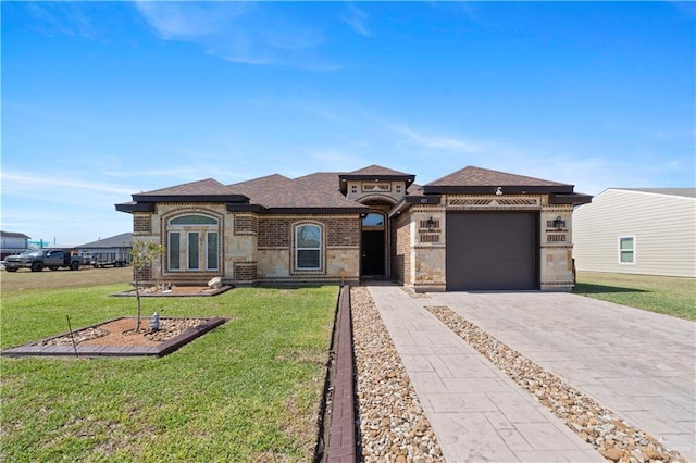 view of front facade with driveway, a garage, french doors, a front yard, and brick siding