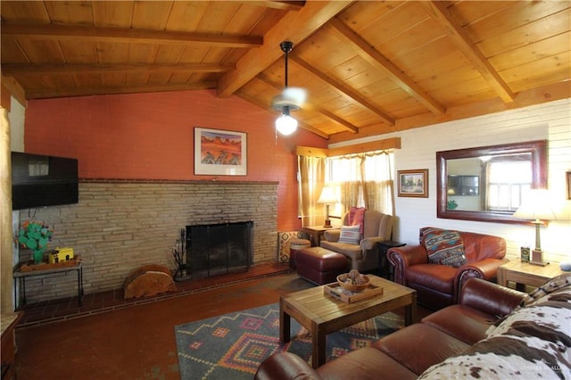 living area featuring lofted ceiling with beams, a brick fireplace, wooden ceiling, and brick wall